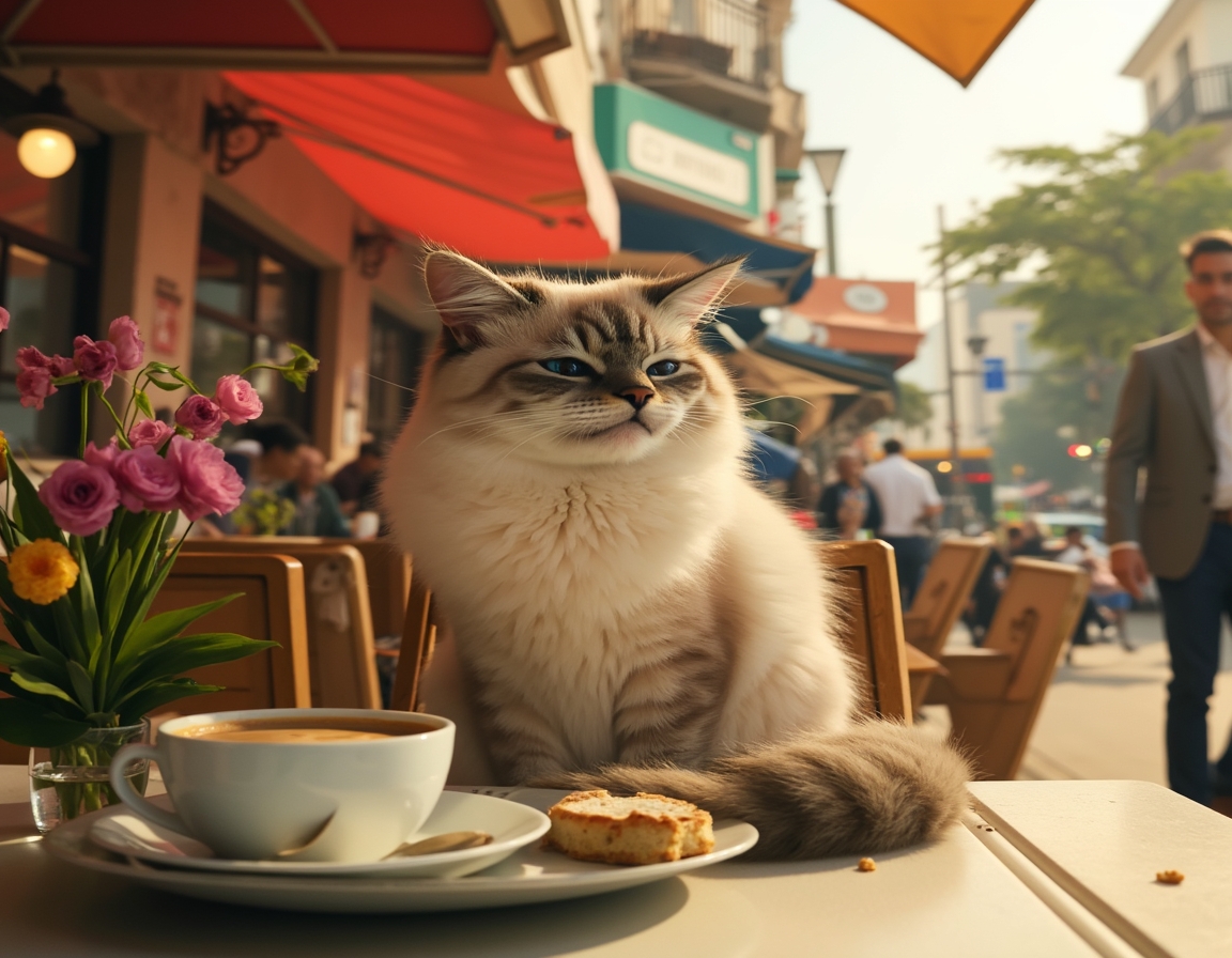Cat sits contentedly at an outdoor cafe, enjoying the bustling streets and warm sunlight.